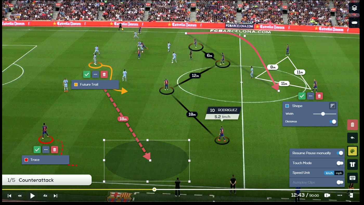 A tactical tracking overlay on match footage during video analysis.